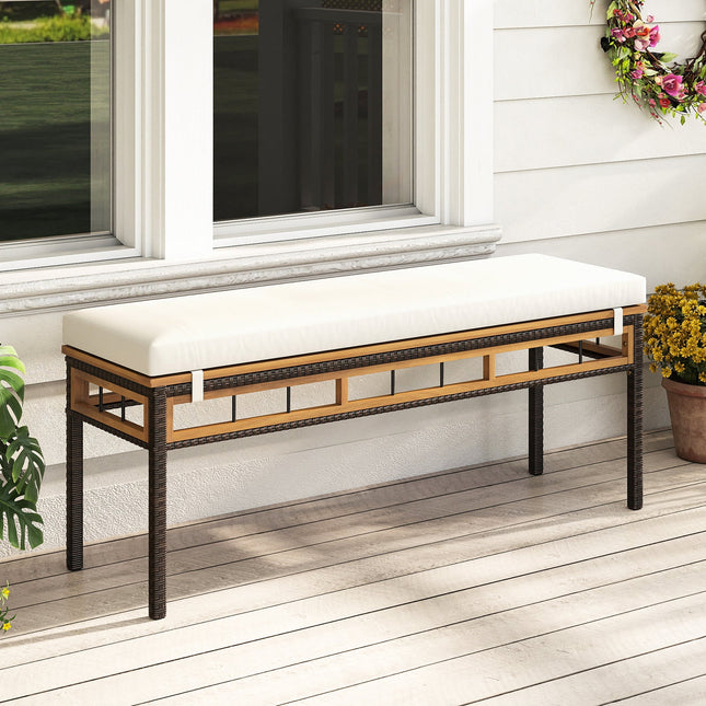 Wicker Patio Bench for 2 People 48invh Long Backless Dining Bench with Acacia Wood Seat-White