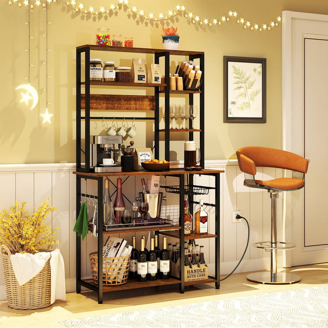 6-Tier Bakers Rack with Power Outlet Stand Wooden Open Shelves
