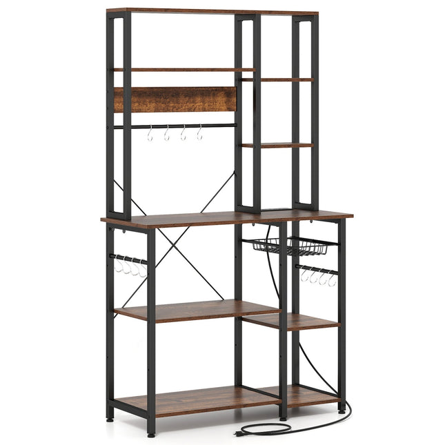 6-Tier Bakers Rack with Power Outlet Stand Wooden Open Shelves