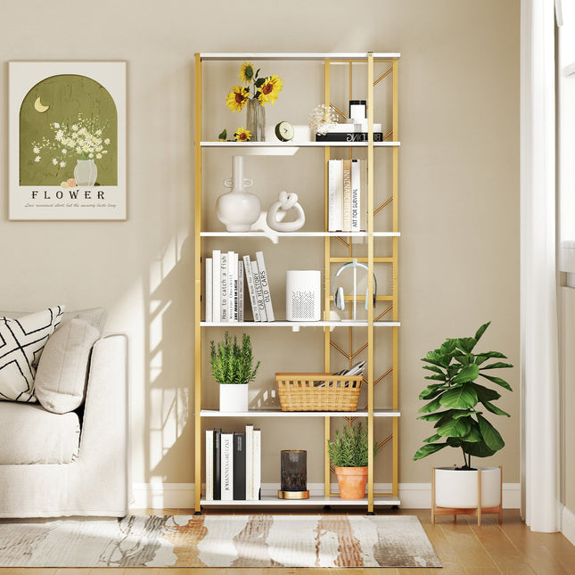 6-Tier Bookshelf Modern Geometric Bookcase with Heavy-duty Metal Frame and Anti-tipping Kits