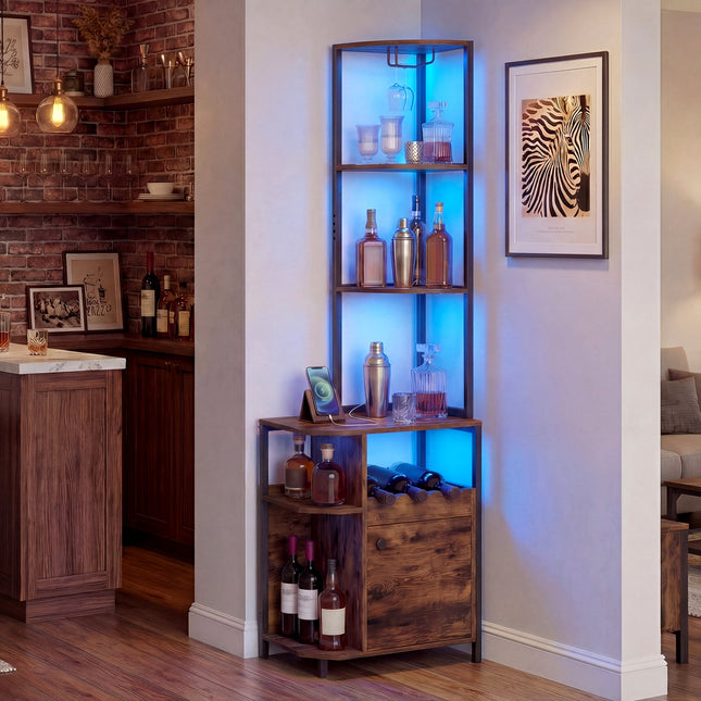 6-Tier Corner Bar Cabinet with LED Lights and Charging Station for Kitchen-Rustic Brown