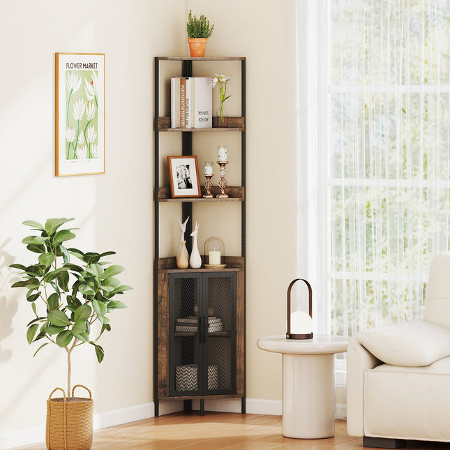 6-Tier Corner Shelf 67 Inches Tall Corner Bookshelf with Cabinet Industrial Bookcase