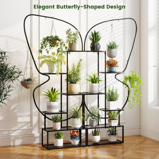 6-Tier Metal Plant Stand Ladder Display Rack with Hanging Hooks-Black