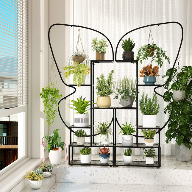 6-Tier Metal Plant Stand Ladder Display Rack with Hanging Hooks-Black