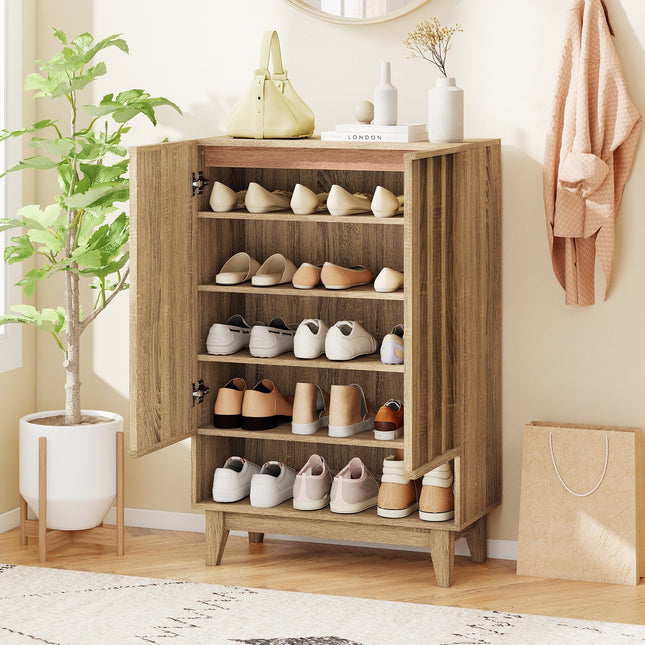 6-Tier Shoe Storage Organizer with 2 Fluted Doors-Oak