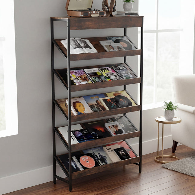 6-Tier Tall Freestanding Bookshelf with Angled Shelves for Home Office-Rustic Brown