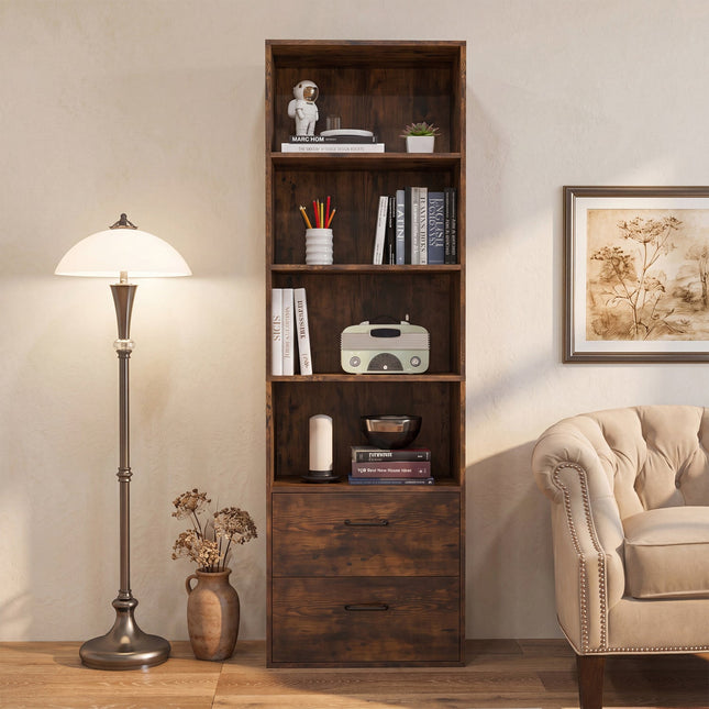 6-Tier Tall Bookshelf with Drawers - Rustic Brown