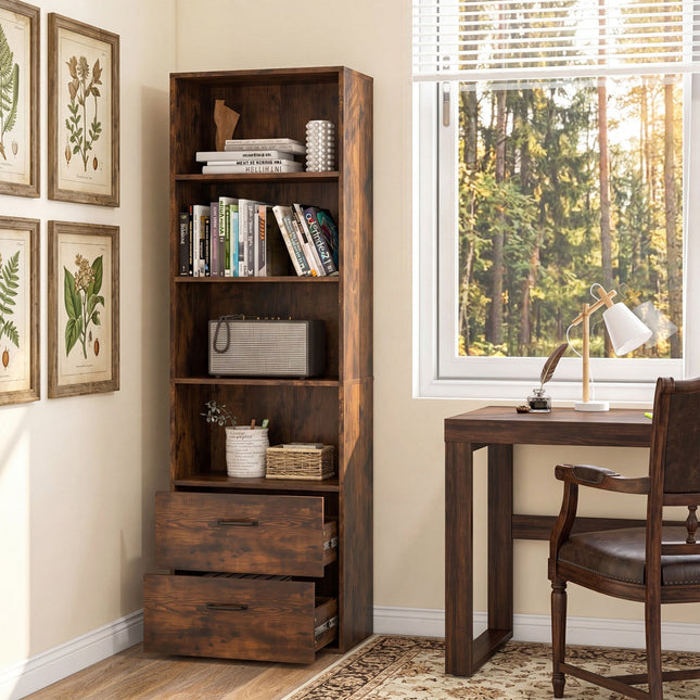 6-Tier Tall Bookshelf with Drawers - Rustic Brown