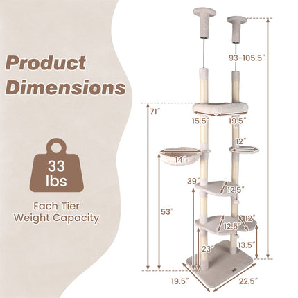 Floor-to-Ceiling Cat Tree with 6 Tiers and Hammock