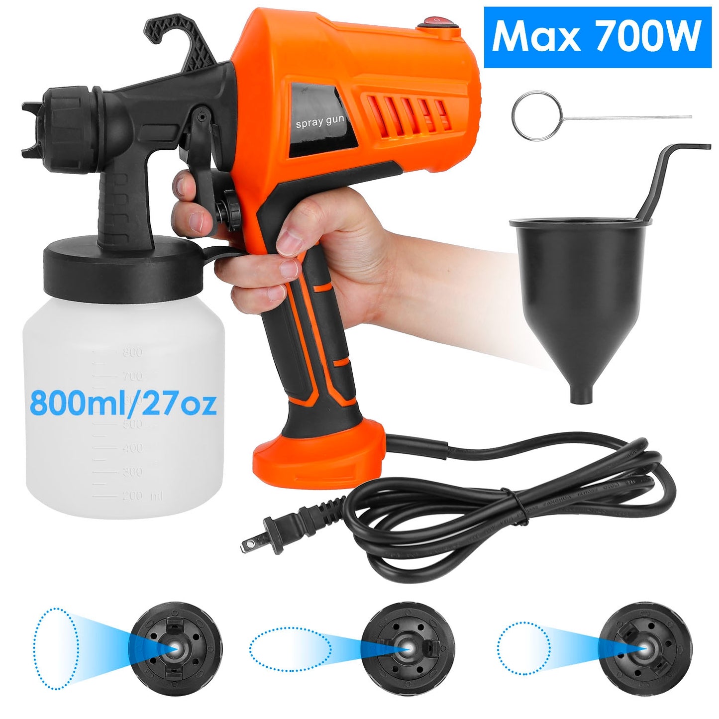 700W Electric Paint Sprayer Handheld HVLP Spray Painter Painting Spray Gun For Fences Brick Walls w/ 3 Spray Patterns 800ML Detachable Cup