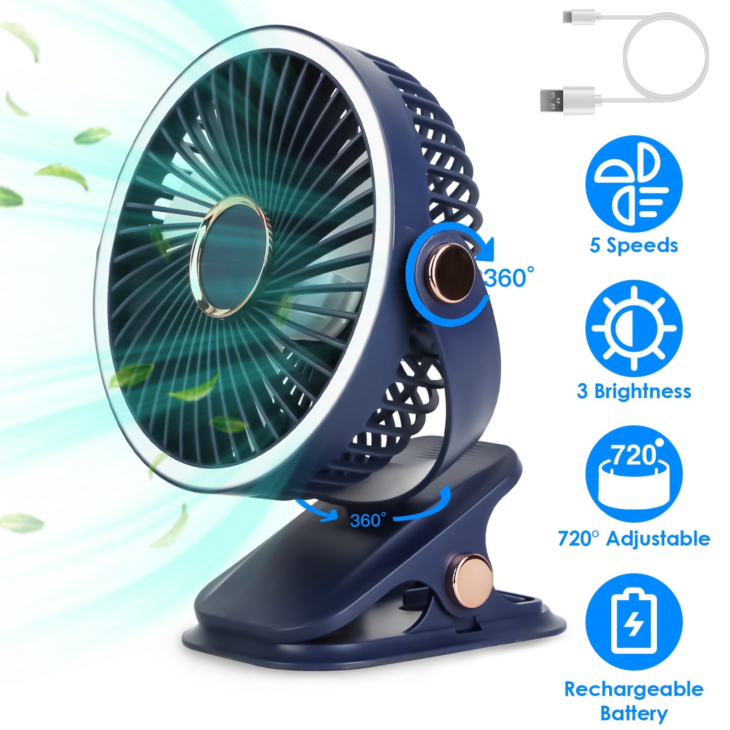 Portable Quiet Clip On Fan With 5 Speeds 3 Brightness 720¡ Fully Adjustable Angle Type-C Rechargeable Clip Desk Wall Mounted Fan For Camping Office Ho
