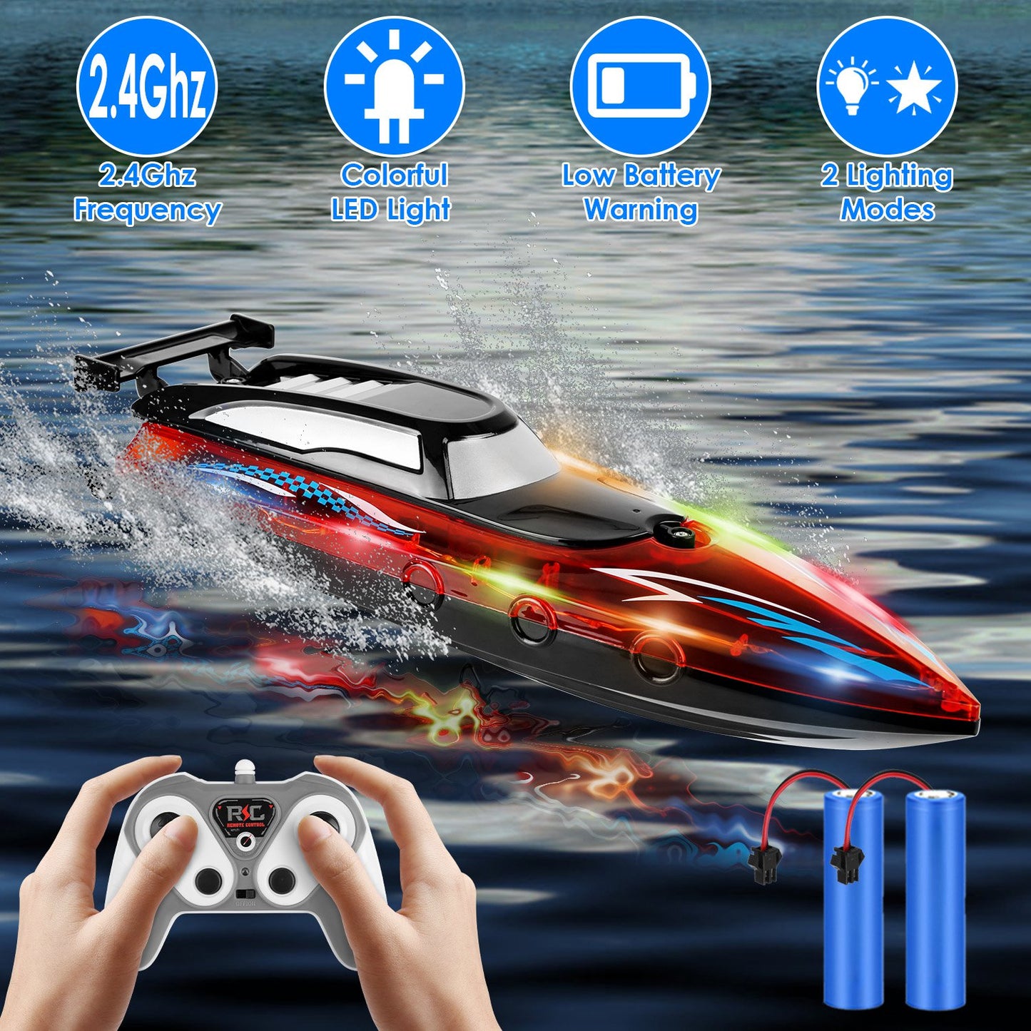 RC Boat With Colorful LED Light 10KM/H 40Mins 2.4Ghz Remote Control Racing Boat Toys With 2 Batteries Low Battery Alarm Overreach Warning For Pools La