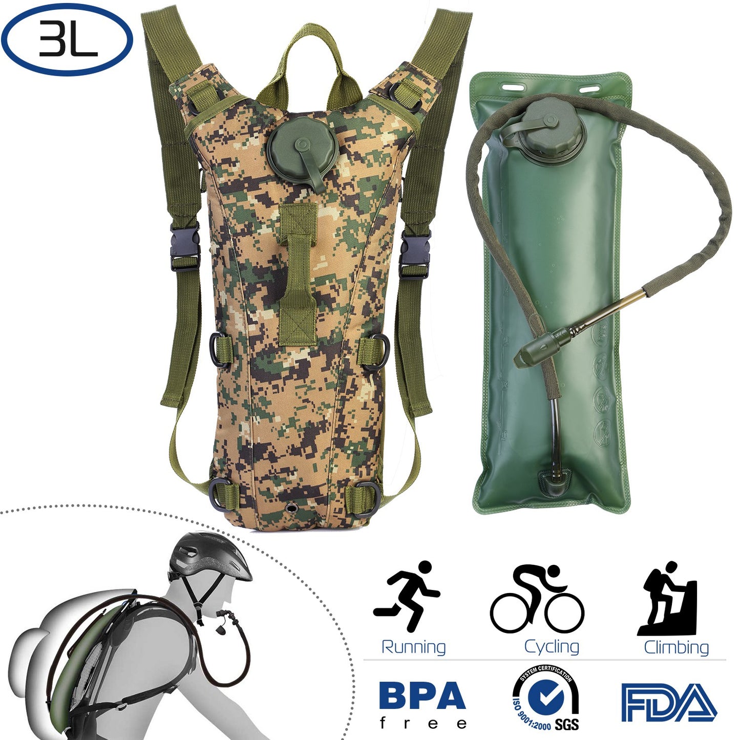 iMounTEK Tactical Hydration Pack 3L Water Bladder Adjustable Water Drink Backpack for Hiking Cycling Climbing Running