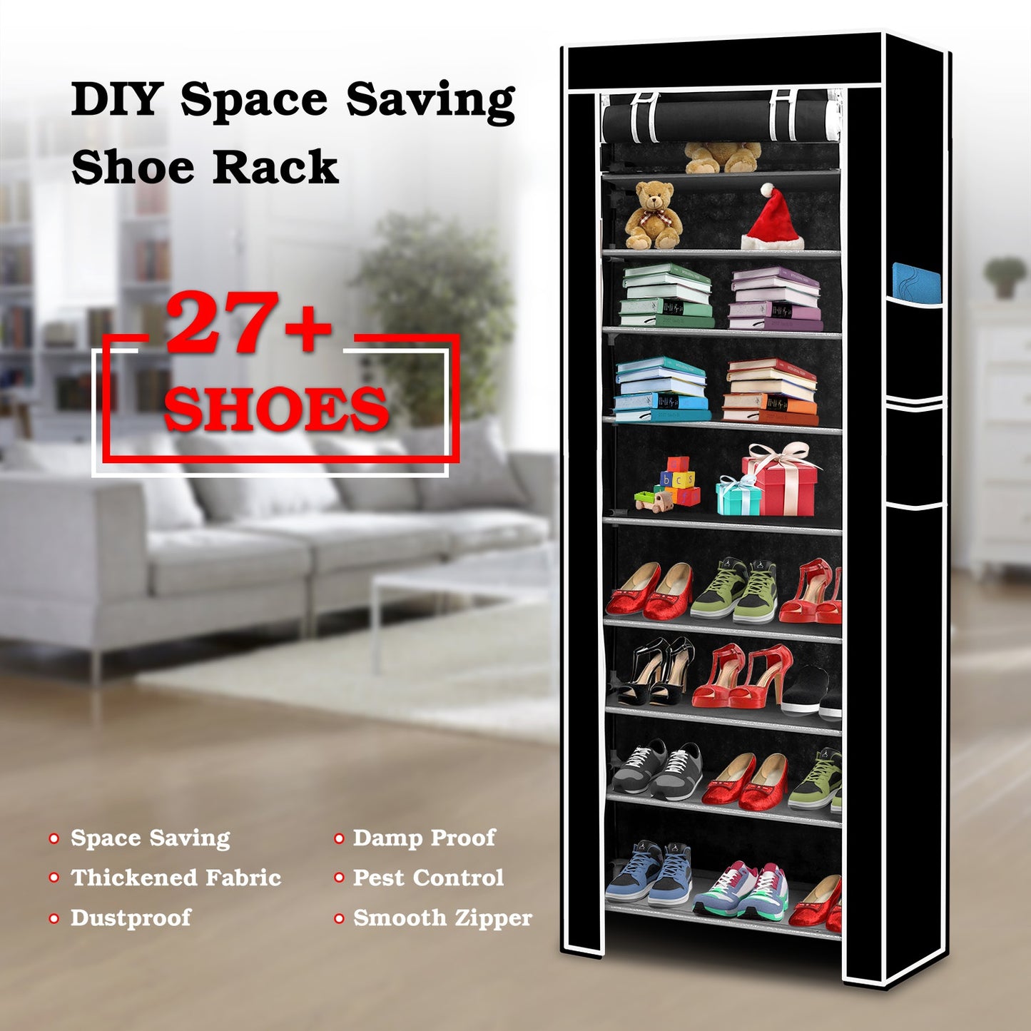 iMounTEK 10 Tiers DIY Shoe Cabinet Dustproof Easy Assemble Tidy Shoe Rack Non-Woven Fabric Holding 27 Pair Shoes Black