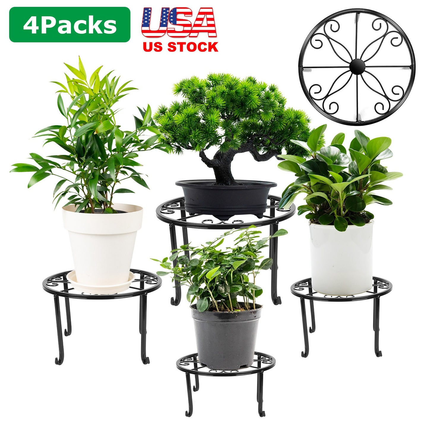 4Packs Iron Plotted Plant Stands Shelves Heavy Duty Round Flower Pot Holder Rack Home Yard Garden Patio DŽcor