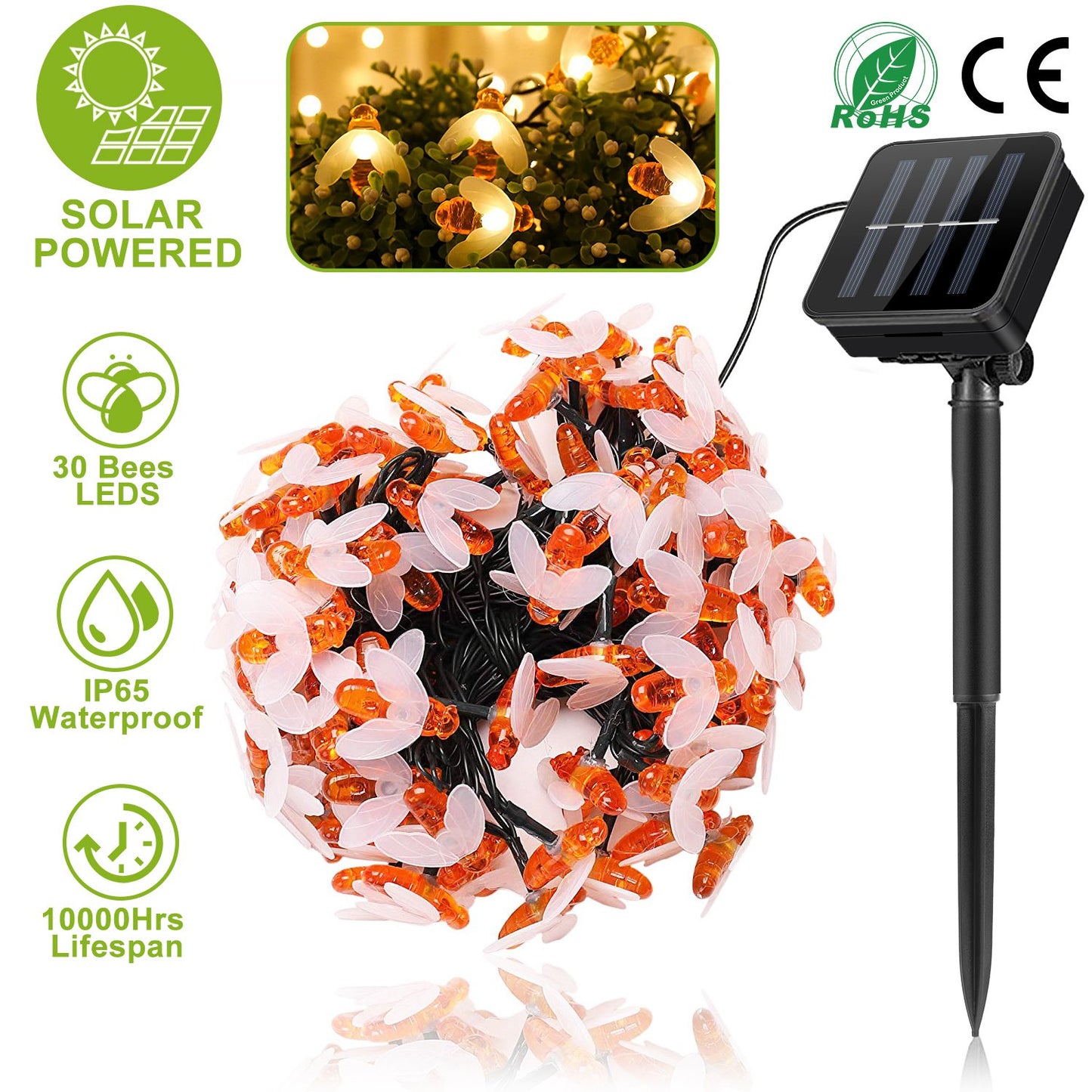 Solar String Bee Lights 30 Honeybees LED Fairy Solar Lights 8 Lighting Modes IP65 Waterproof Decorative Lamps w/ Stake Garden Lawn Flower Trees