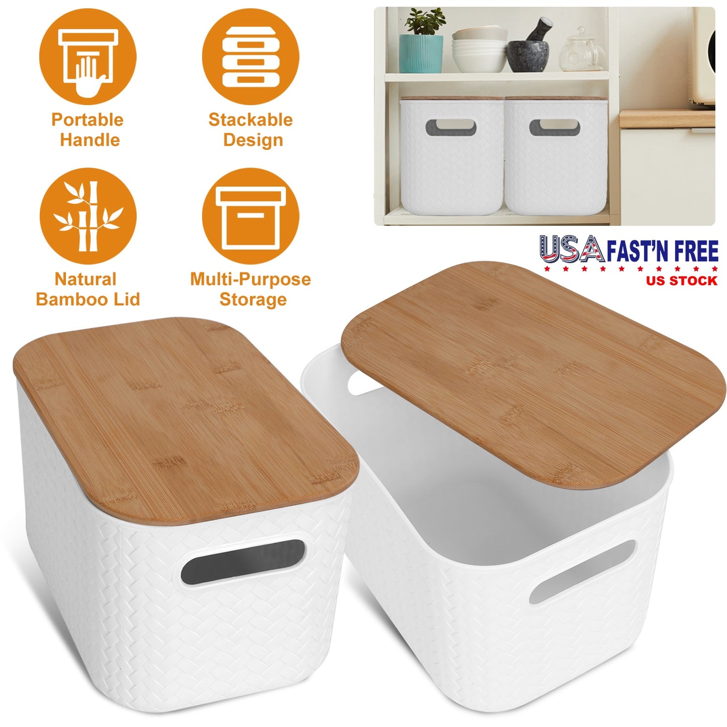 2Pcs Storage Bins with Bamboo Lids Stackable Plastic Storage Container with Handle Storage Box Accessories Holder for Bedroom Kitchen Shelf Closet