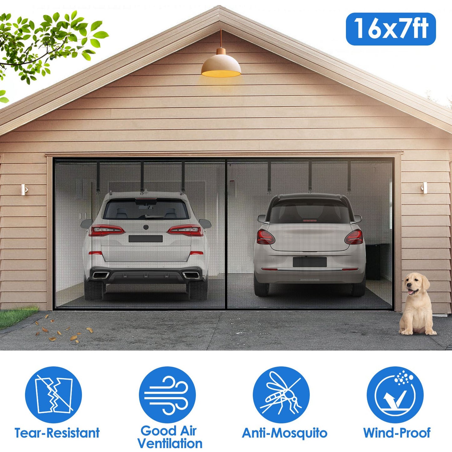 16x7FT Magnetic Garage Door Screen Two-Car Garage Screen Mesh Fiberglass Garage Net with Magnetic Closure 6 Buckle Straps for Two Cars