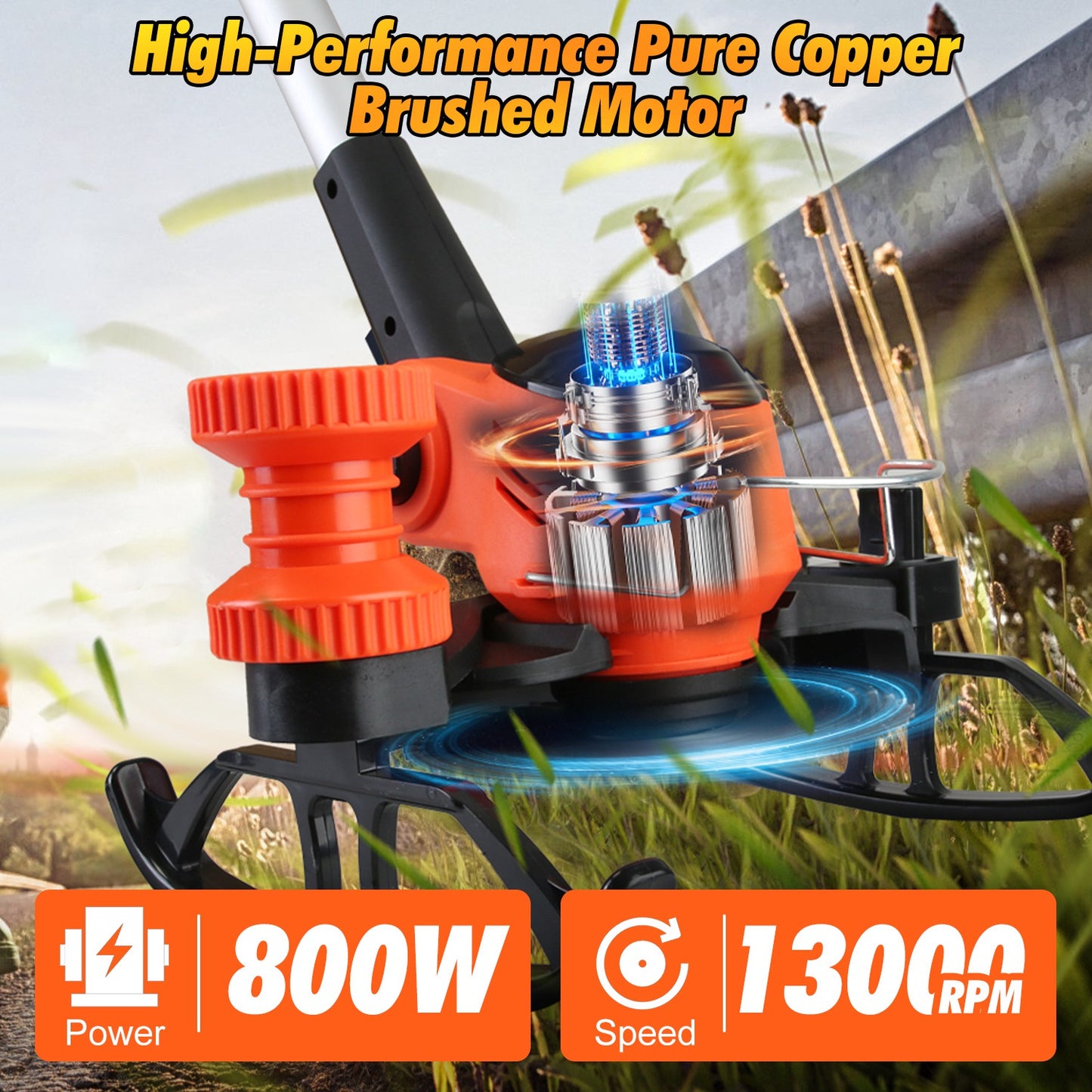 Cordless Grass Trimmer With Wheels 2Pcs 3.0Ah Batteries Rechargeable Handhold Lawn Mower With 3 Types of Blades Head Angle Adjustable Lightweight for