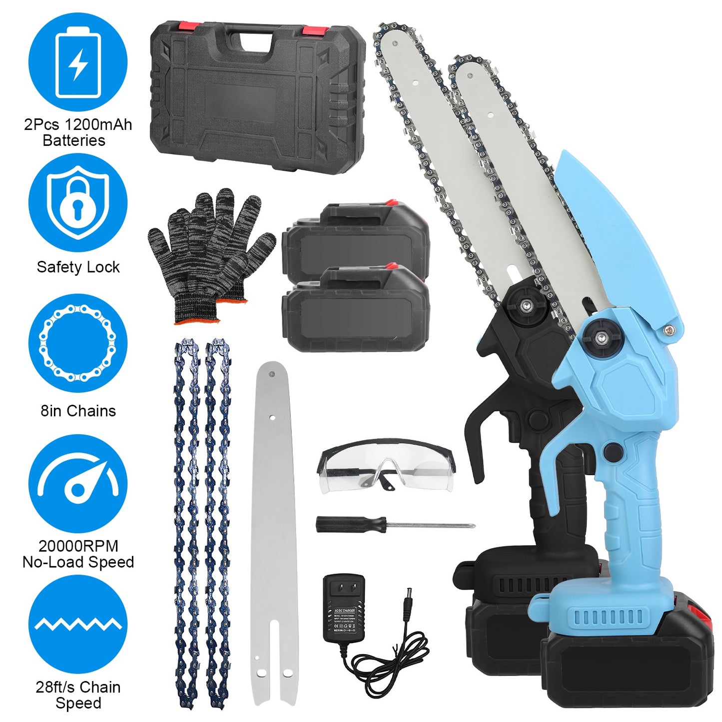 Electric Mini Chainsaw Portable Handheld Cordless Small Chain Saw Battery Powered with 2Pcs 1200mAh Rechargeable Batteries 8in Chains Gloves Goggles f