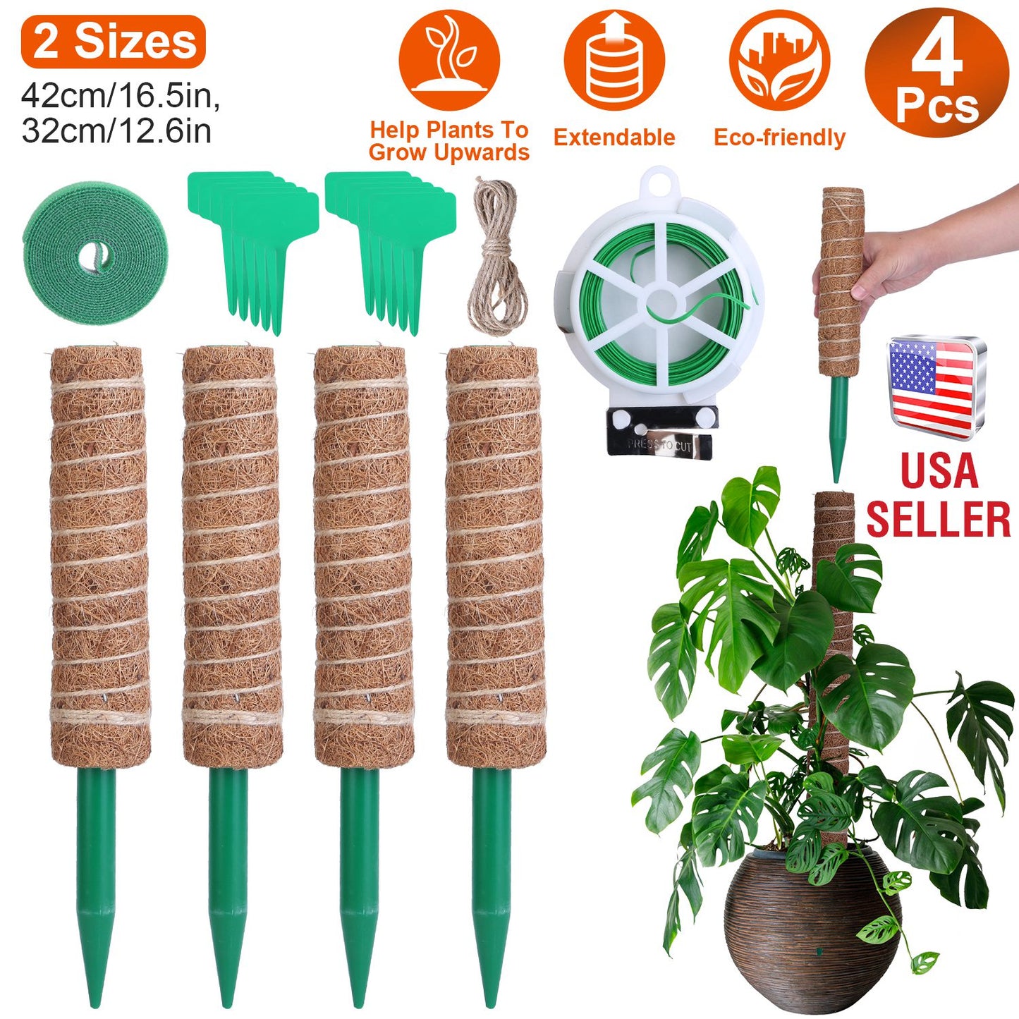 4Pcs Coco Coir Extendable Moss Pole for Climbing Plants Plant Support with 10 Labels 6.6Feet Jute Rope 6.6 Feet Fasten Strap 65.6 Feet Twist Tie Indoo