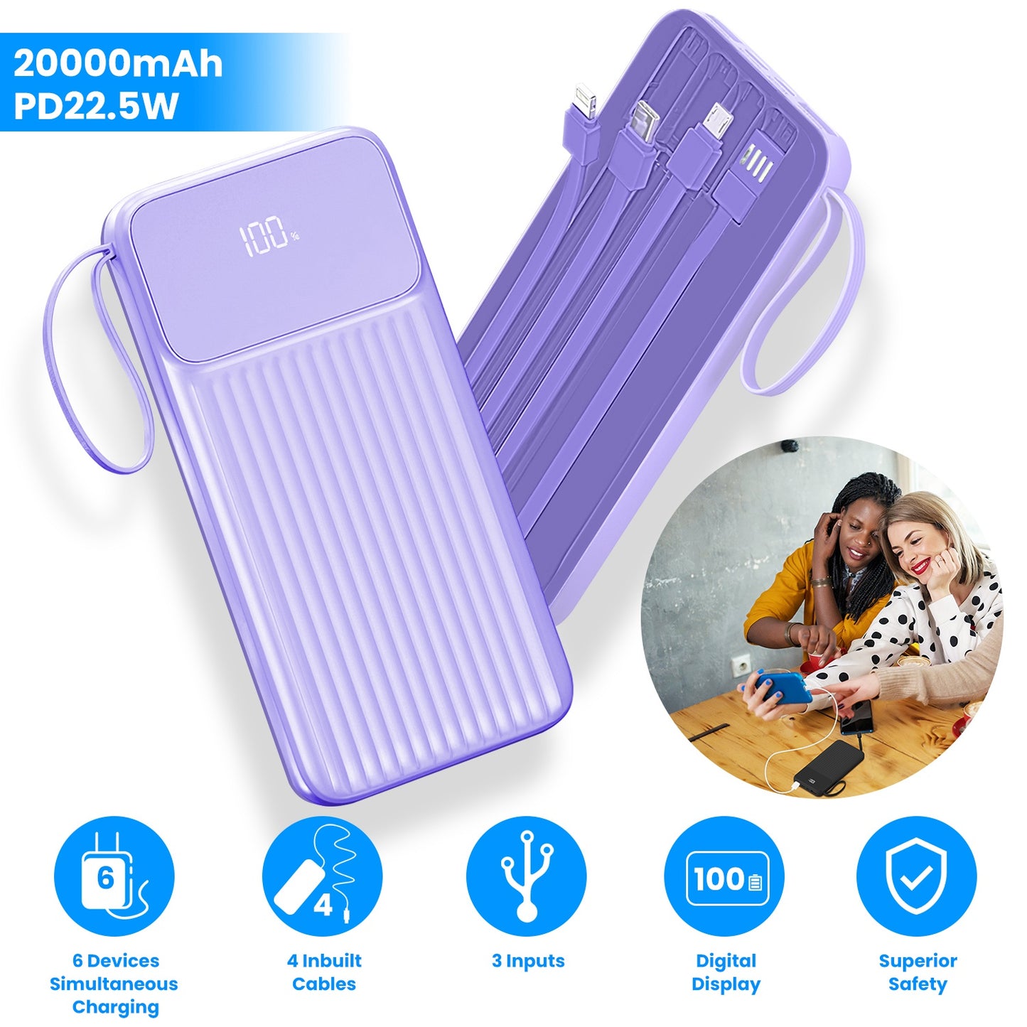 PD22.5W Fast Charger 20000mAh Fast Charging Power Bank Portable Charger with 4 Inbuilt Cables Digital Display Handle Fit For IOSPhone 15/14 Android An