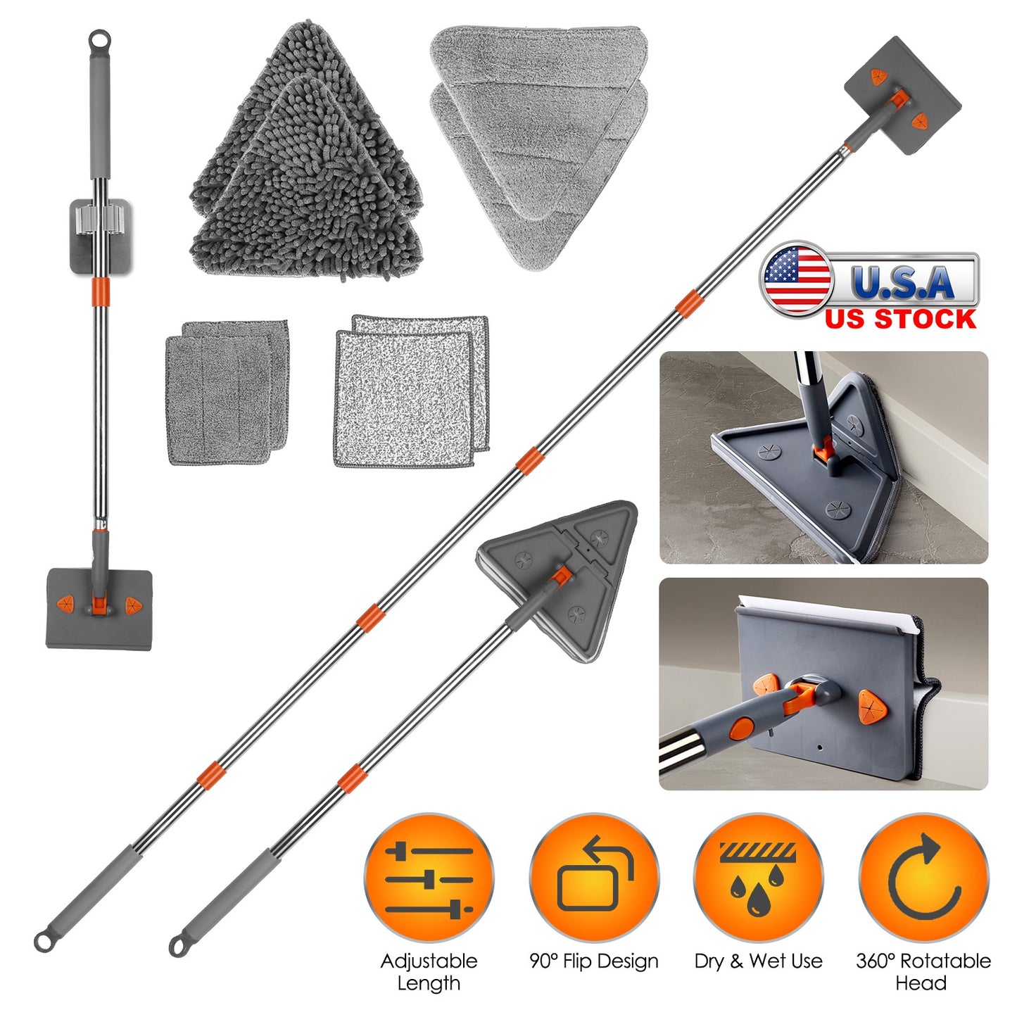 2 In 1 Baseboard Cleaner Mop Wall Cleaner Mop With Squeegee Extendable Long Handle 8 Reusable Fiber Flannel Chenille Mop Pads 360¡ Rotatable Convex De