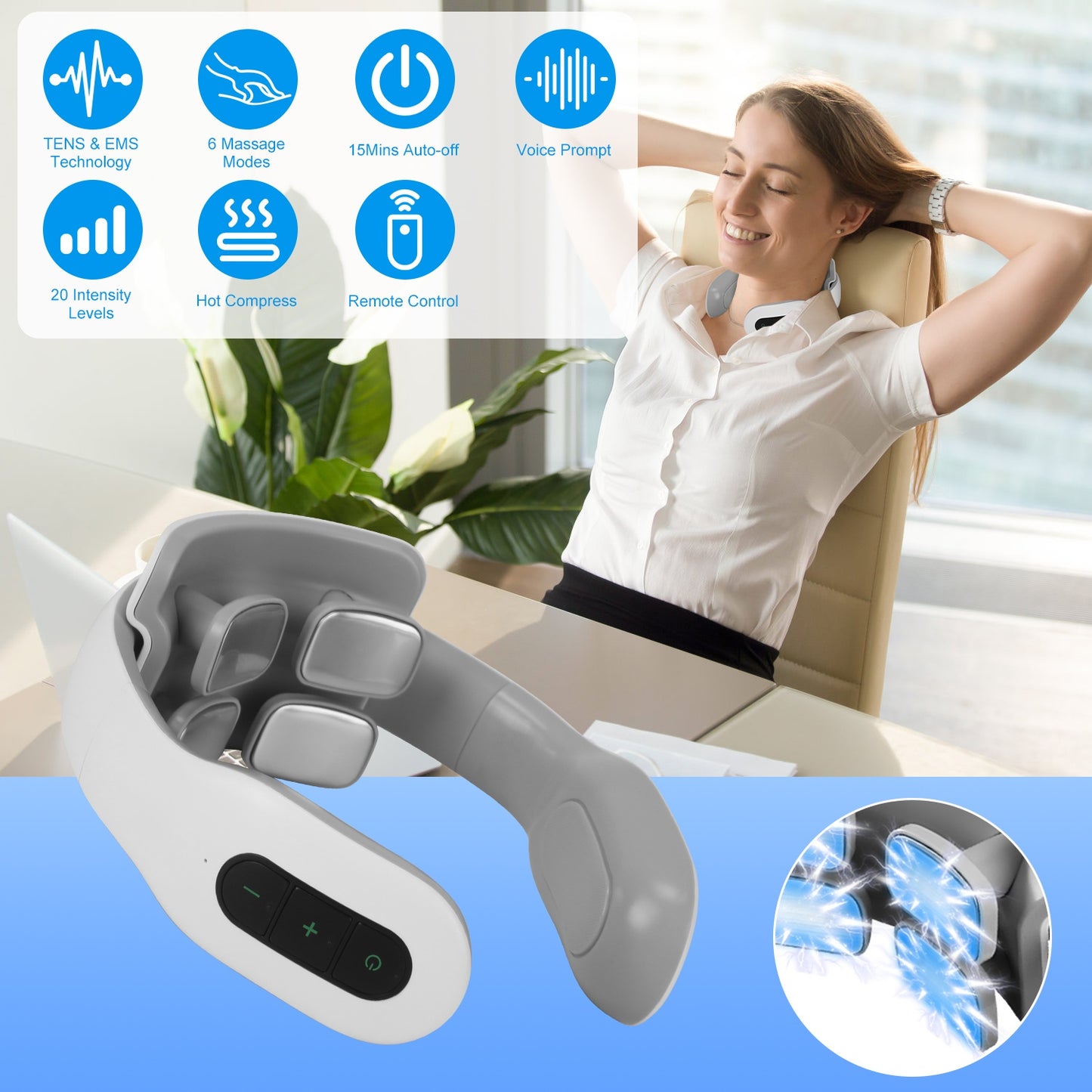 4 Head EMS Neck Massager with Heat Cordless Cervical Neck Massager EMS Neck Massager with 6 Modes 20 Intensity Levels Remote Control Voice Prompt