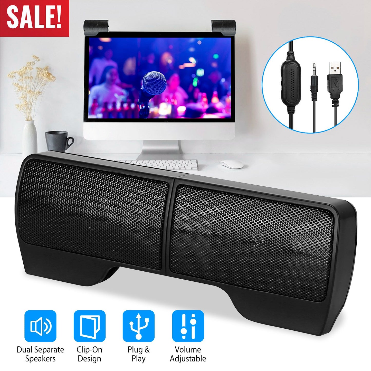 Clip-On Computer Sound Bar Portable USBÊStereo Mini Wired Speaker w/ Volume Control 3.5mm Jack For Desktop Computer Laptop Notebook PC Tablets Plug An