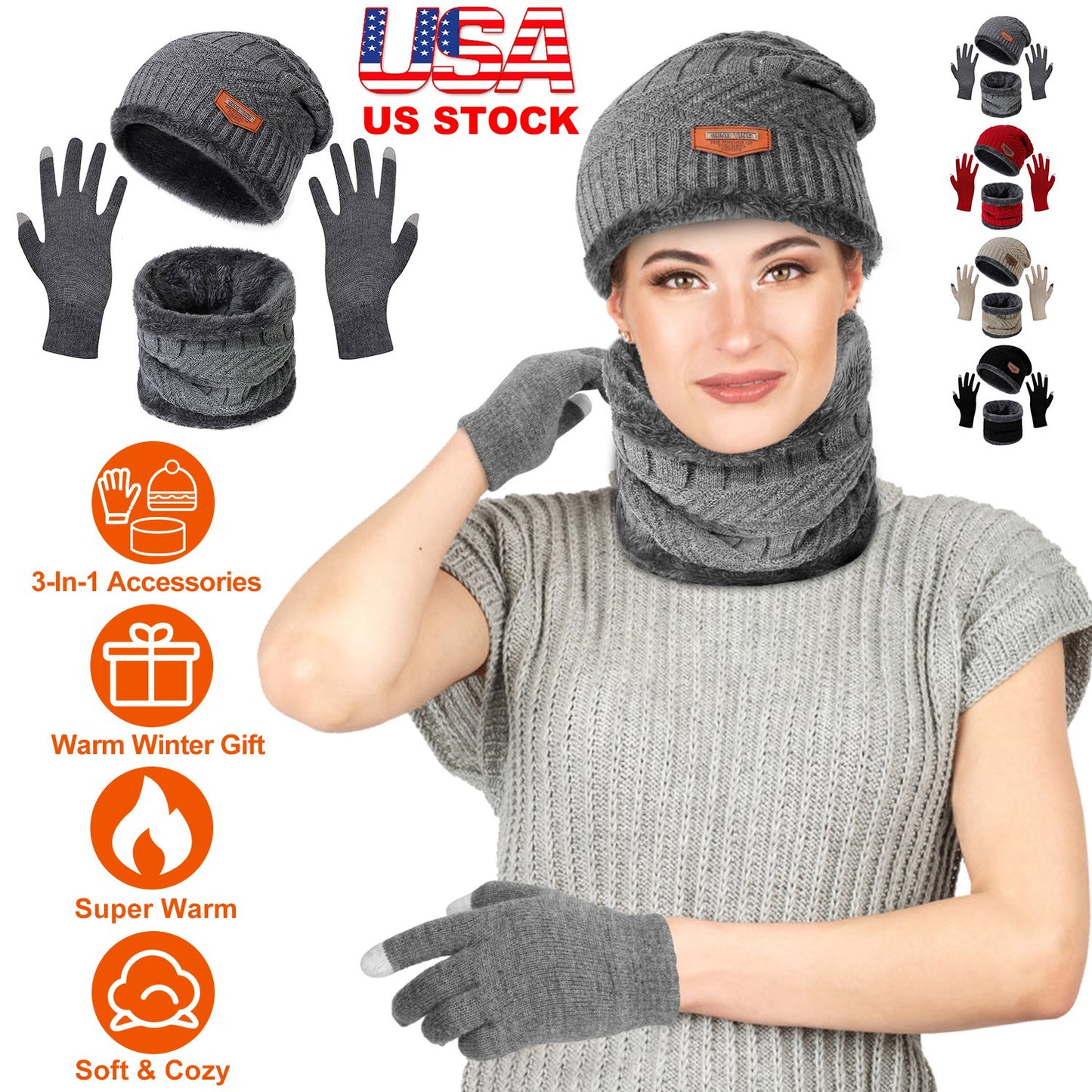 Winter Knitted Hat Scarf Gloves 3Pcs Winter Warm Beanie and Touch Screen Gloves Scarf Set Knit Beanie Skull Cap Neck Warmer Mittens for Men Women