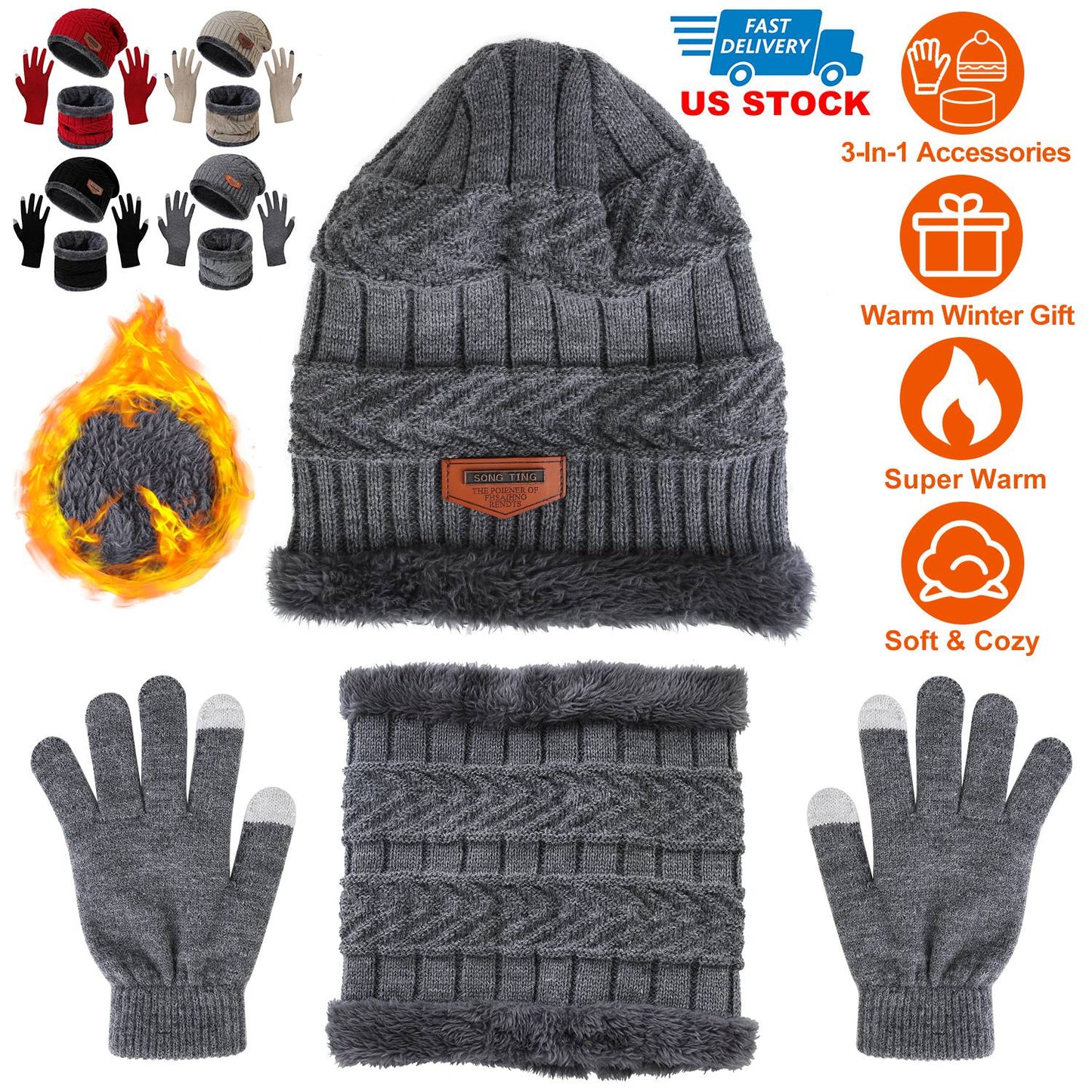 Winter Knitted Hat Scarf Gloves 3Pcs Winter Warm Beanie and Touch Screen Gloves Scarf Set Knit Beanie Skull Cap Neck Warmer Mittens for Men Women