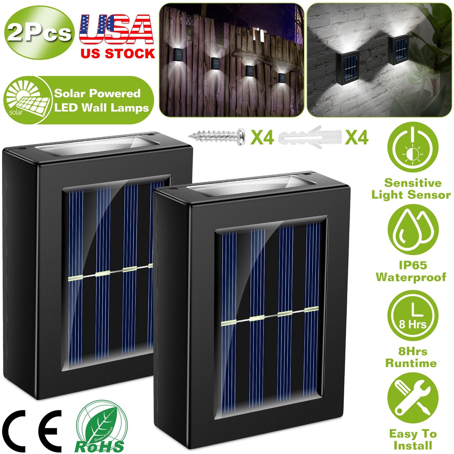 2Pcs Solar Deck Lights Outdoor 2LED Beads Waterproof Sensor Fence Stair Lamps For Patio Landscape Yard White Lighting Color