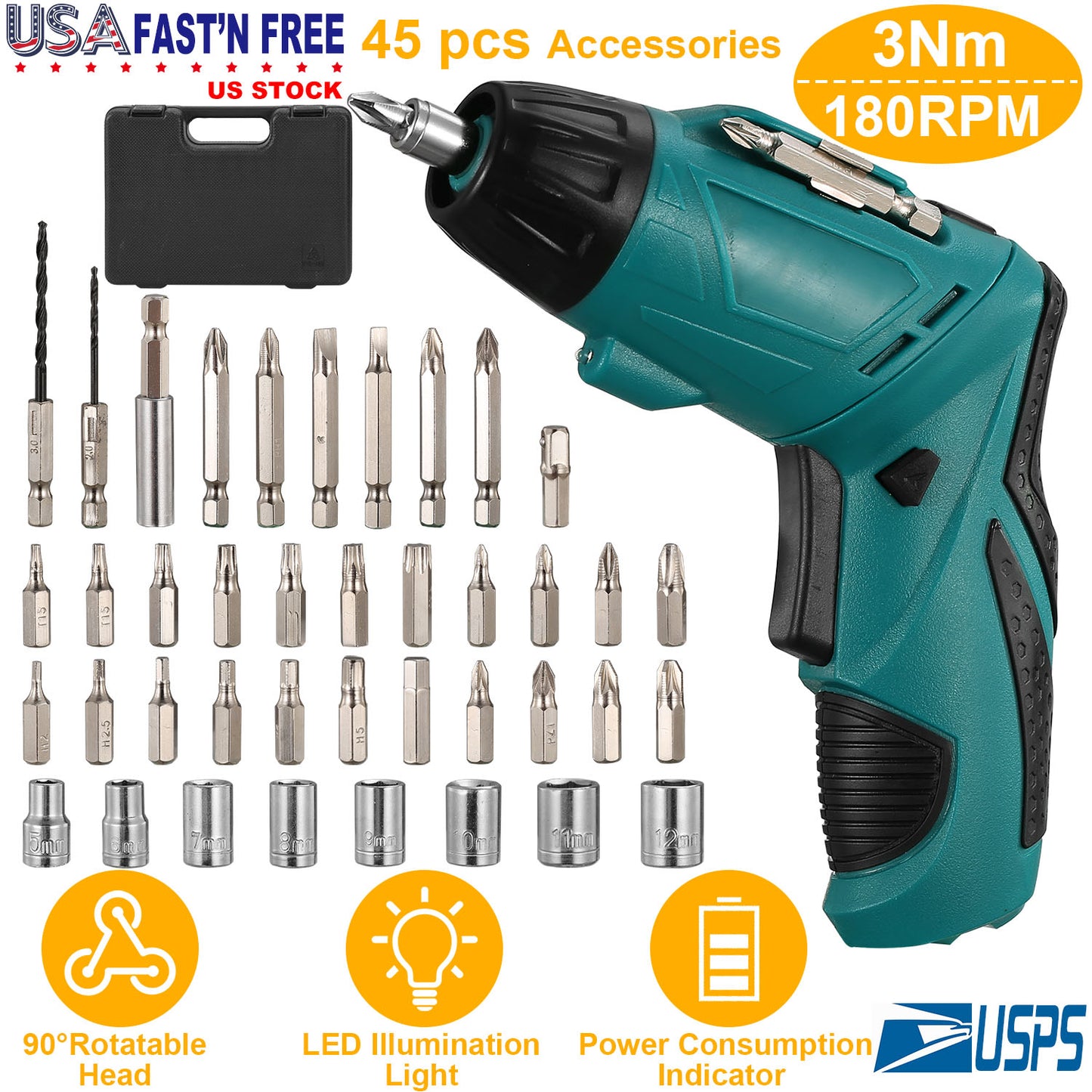 Cordless Electric Screwdriver Set Rechargeable 4.8V Drill Driver w/45 Drill Bits Carrying Case