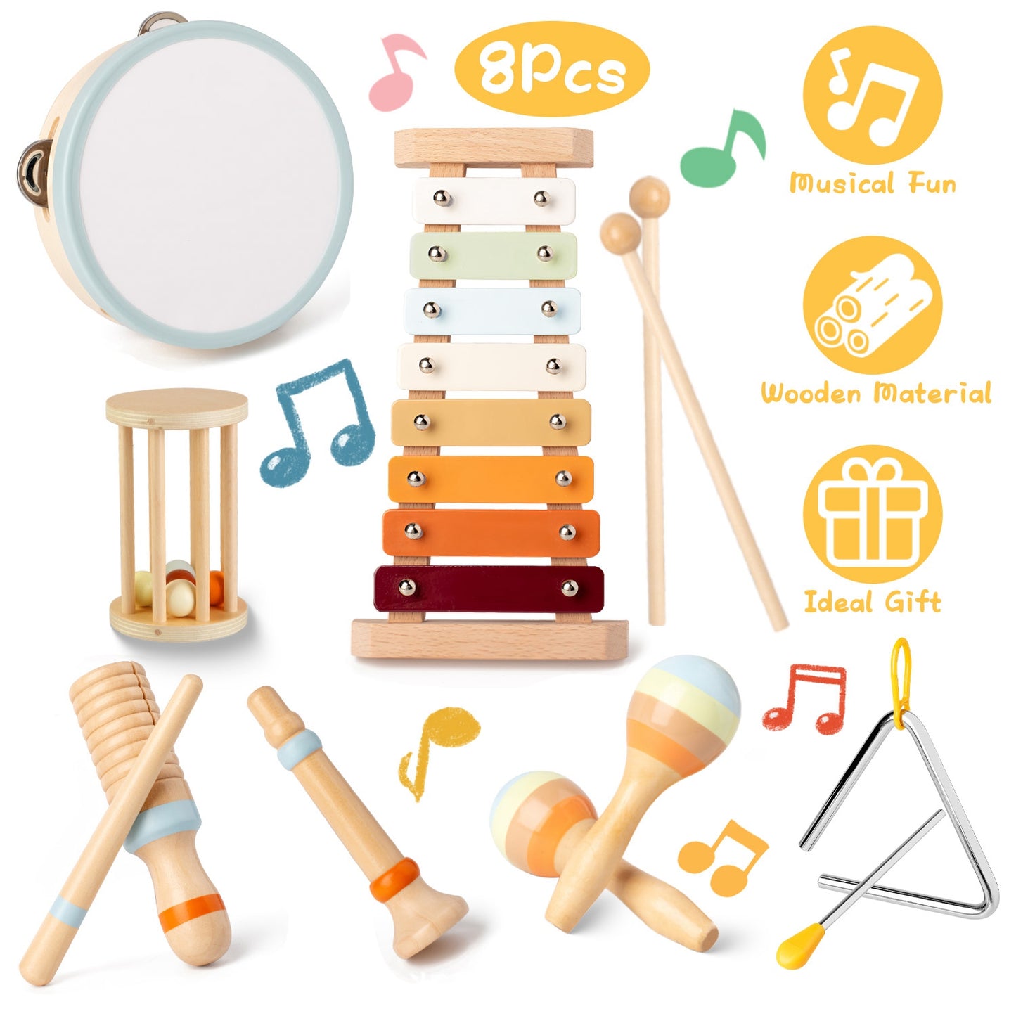 8Pcs Toddler Musical Toys Wooden Montessori Musical Instruments with Xylophone Tambourine Maracas for Boys Girls Aged 3 4 5 Years Old