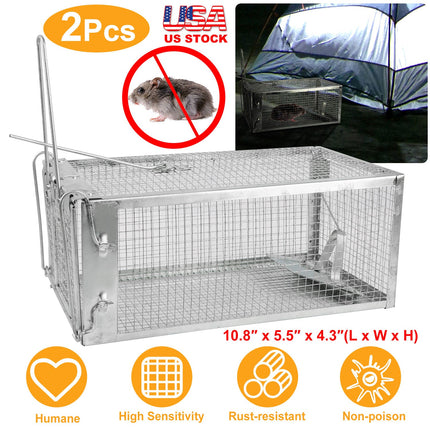 2 Pack Rat Trap Cage Humane Live Rodent Trap Cage Galvanized Iron Mice Mouse Control Bait Catch with Detachable U Shaped Rod