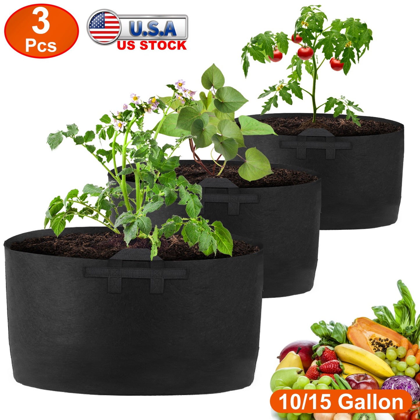 3 Pack Plant Grow Bags Potato Vegetable Planter Bags Breathable Planting Fabric Pots 10Gallons
