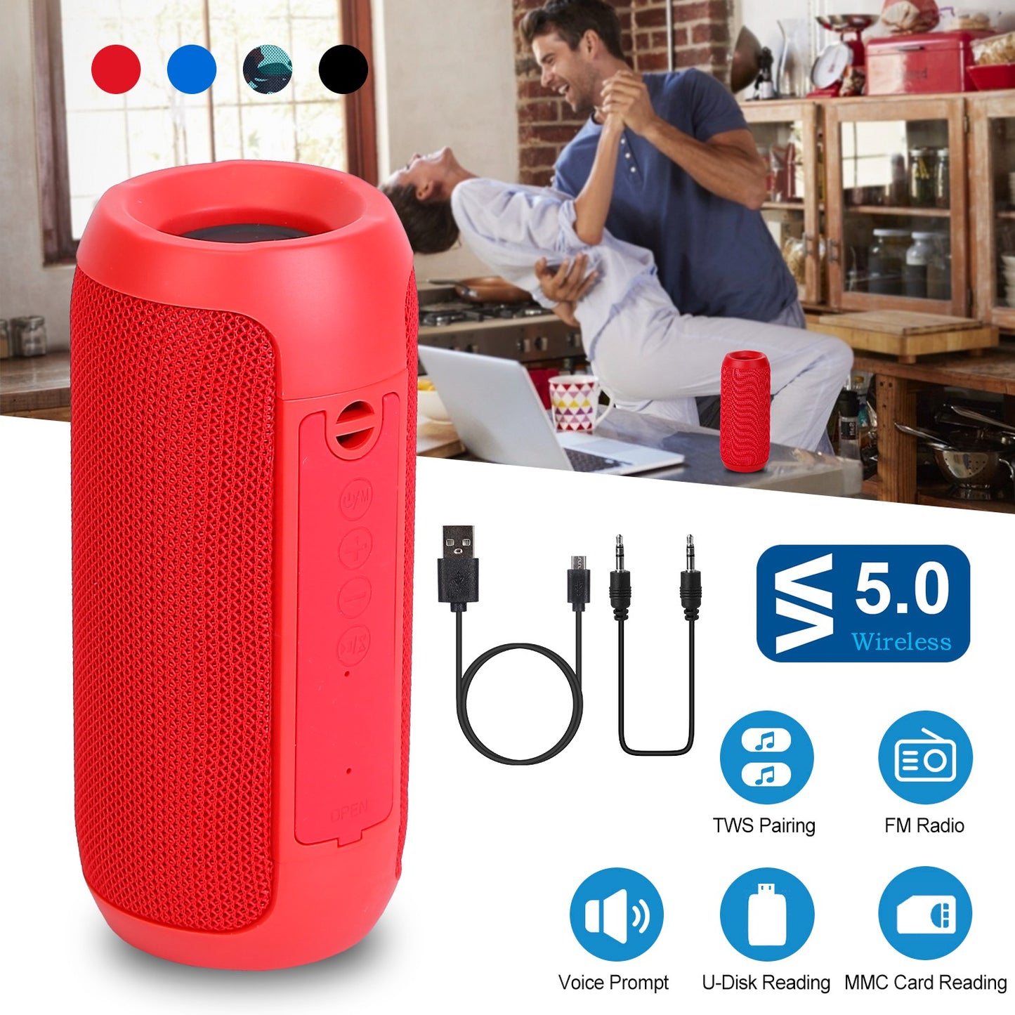 Wireless Speaker Portable TWS Music Speaker IPX5 Waterproof Outdoor Stereo Audio Speaker Support U Disk/MMC Reading FM