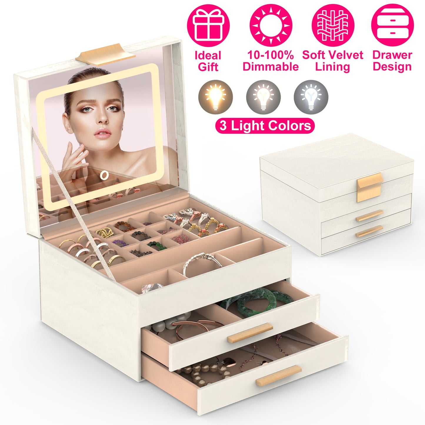 Jewelry Box with LED Mirror 3-Layer Jewelry Organizer with 2 Drawers PU Jewelry Holder with 3 Mirror Light Colors Dimmable for Earrings Rings Bracelet