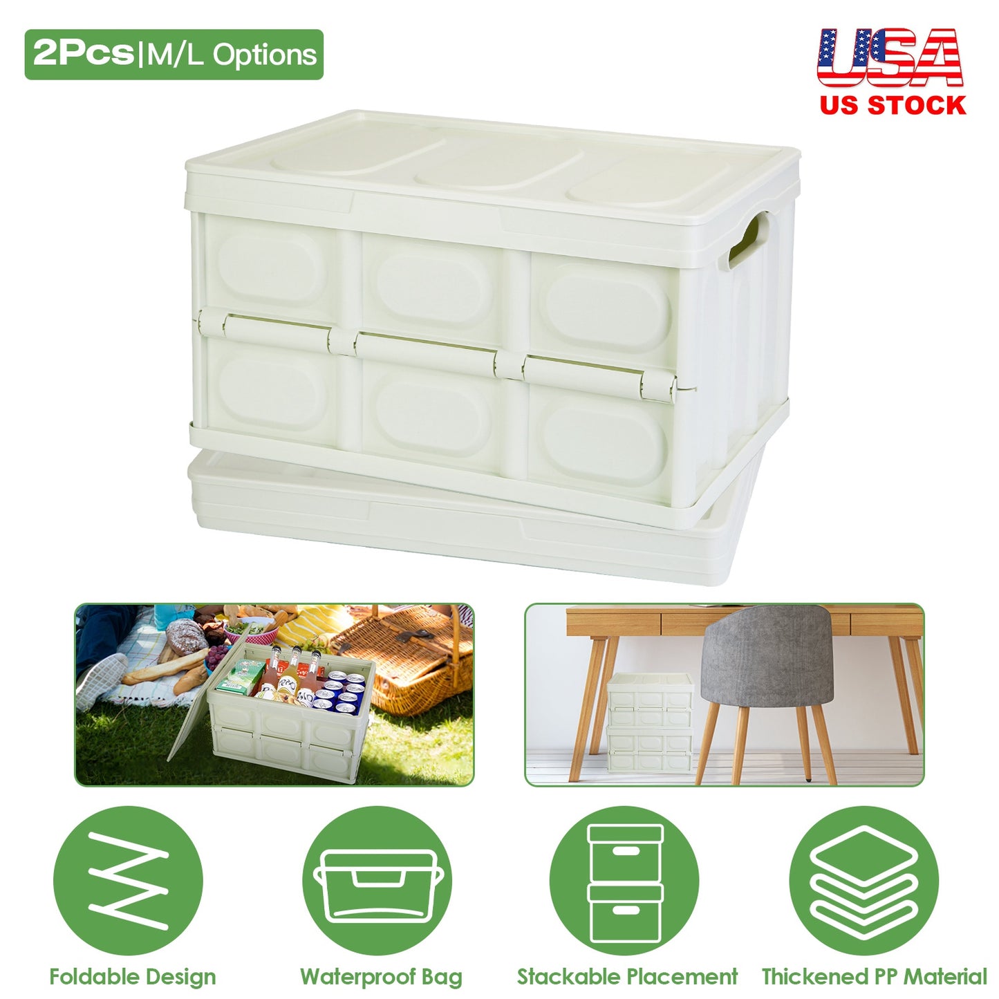 2Pcs 30L Collapsible Storage Bins With Dustproof Lid Waterproof Interior Bag Handle Stackable Storage Box Container Utility Organizer Crate For Campin