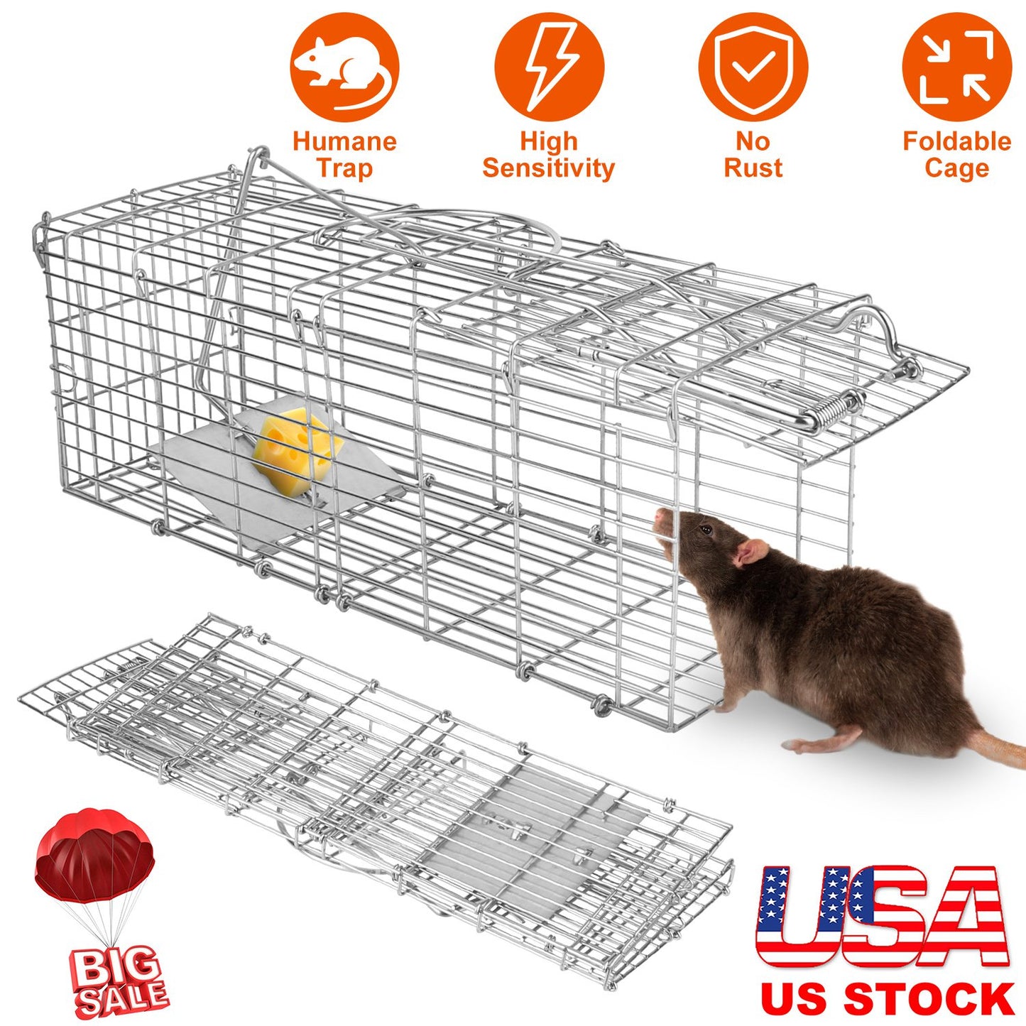 Foldable Rat Trap Cage Humane Live Rodent Trap Cage Galvanized Iron Mice Mouse Control Bait Catch with Detachable L Shaped Rod