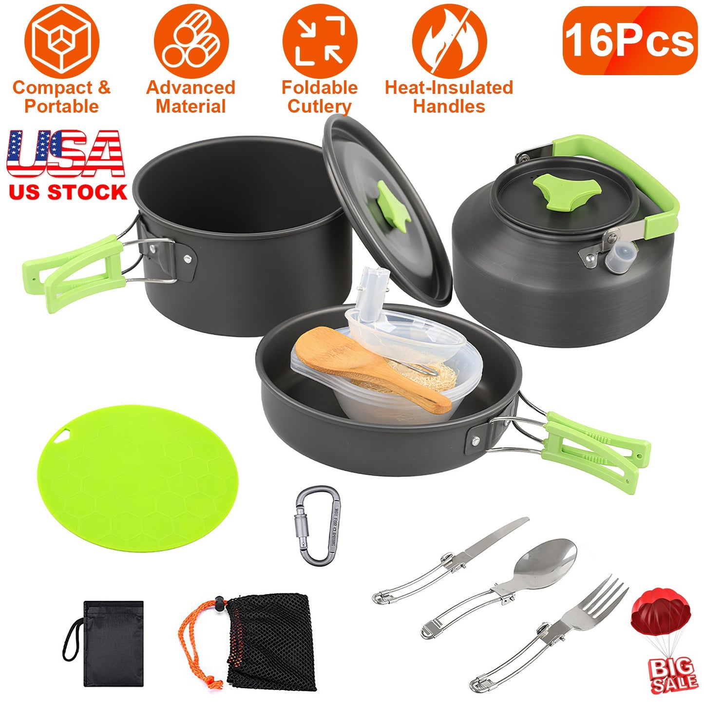 16Pcs Camping Cooking Ware Set Camping Stove Cookware Kit Aluminum Pot Pan Kettle Set with Bowls Knife Fork Spoon Carabiner Spatula Cutting Board for