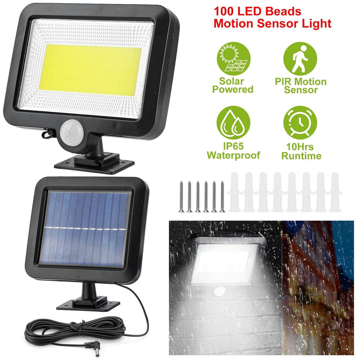 Solar Powered Wall Lights Outdoor 100 LED Beads Motion Sensor Lamp IP65 Waterproof Dusk To Dawn Sensor Light For Front Door Deck