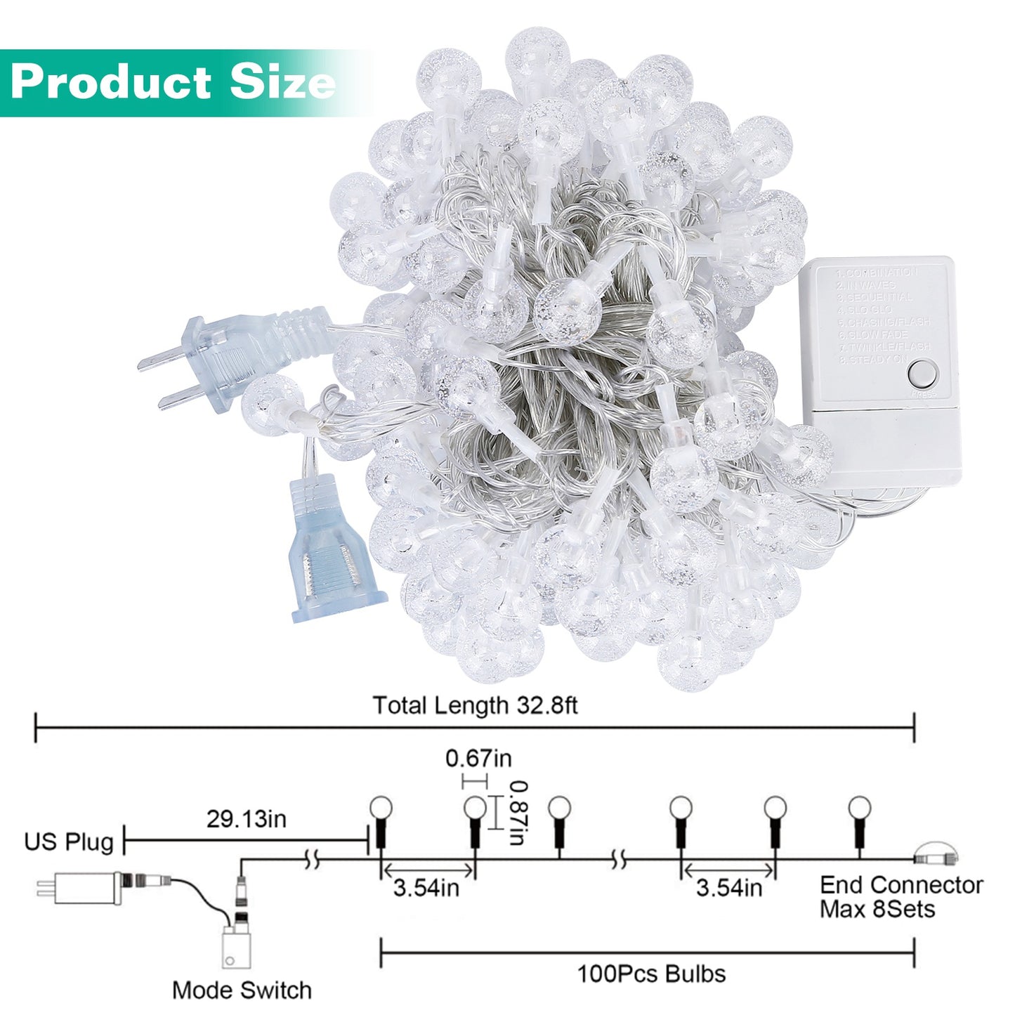 32.8Feet Globe String Lights 100 Ball LED Fairy Lamps IP44 Waterproof Decorative Lights with 8 Lighting Modes for Garden Lawn Patio