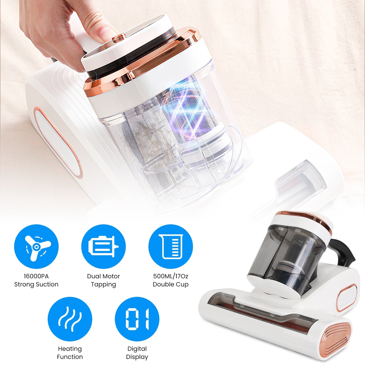 16000PA Double-Cup Bed Vacuum Cleaner 500W Mattress Handheld Vacuum Dust Mites Remover with Heating Function for Bed Sofa Rug