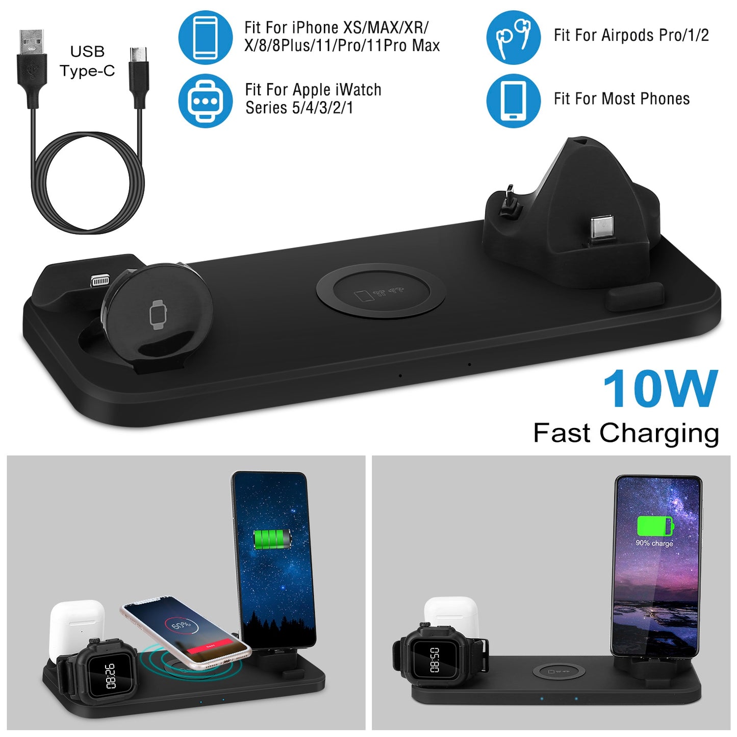 6 In 1 Qi Wireless Charger 10W Fast Charging Station Fit For iWatch 5/4/3/2/1 Airpods Pro/1/2 IOS phone Xs/MAX/XR/X/8/8Plus/11/Pro/11Pro max Galaxy No