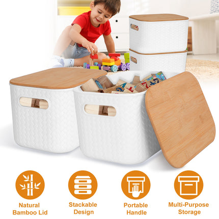 2Pcs Storage Bins with Bamboo Lids Stackable Plastic Storage Container with Handle Storage Box Accessories Holder for Bedroom Kitchen Shelf Closet