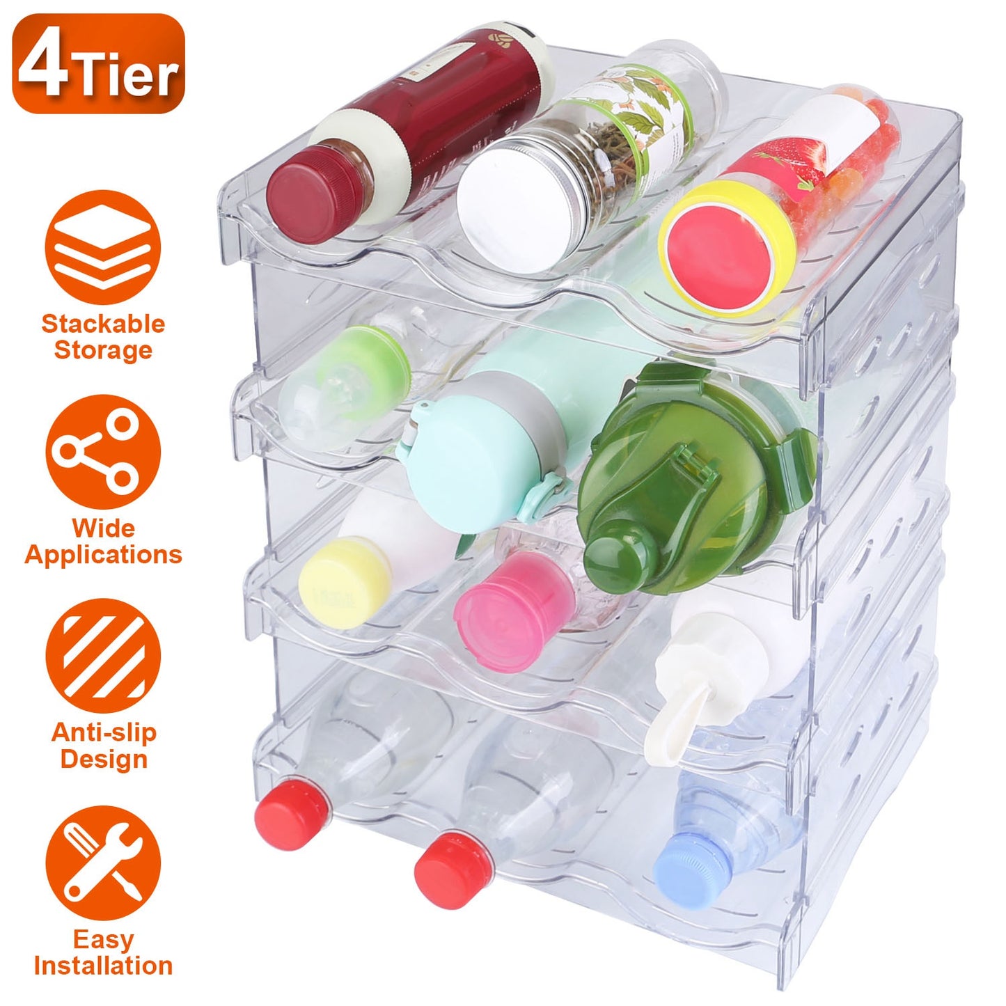 4 Tier Bottle Storage Holder 12 Bottles Transparent Stackable Bottle Organizer Standing Drink Holder Shelf for Kitchen Fridge Cabinet Pantry