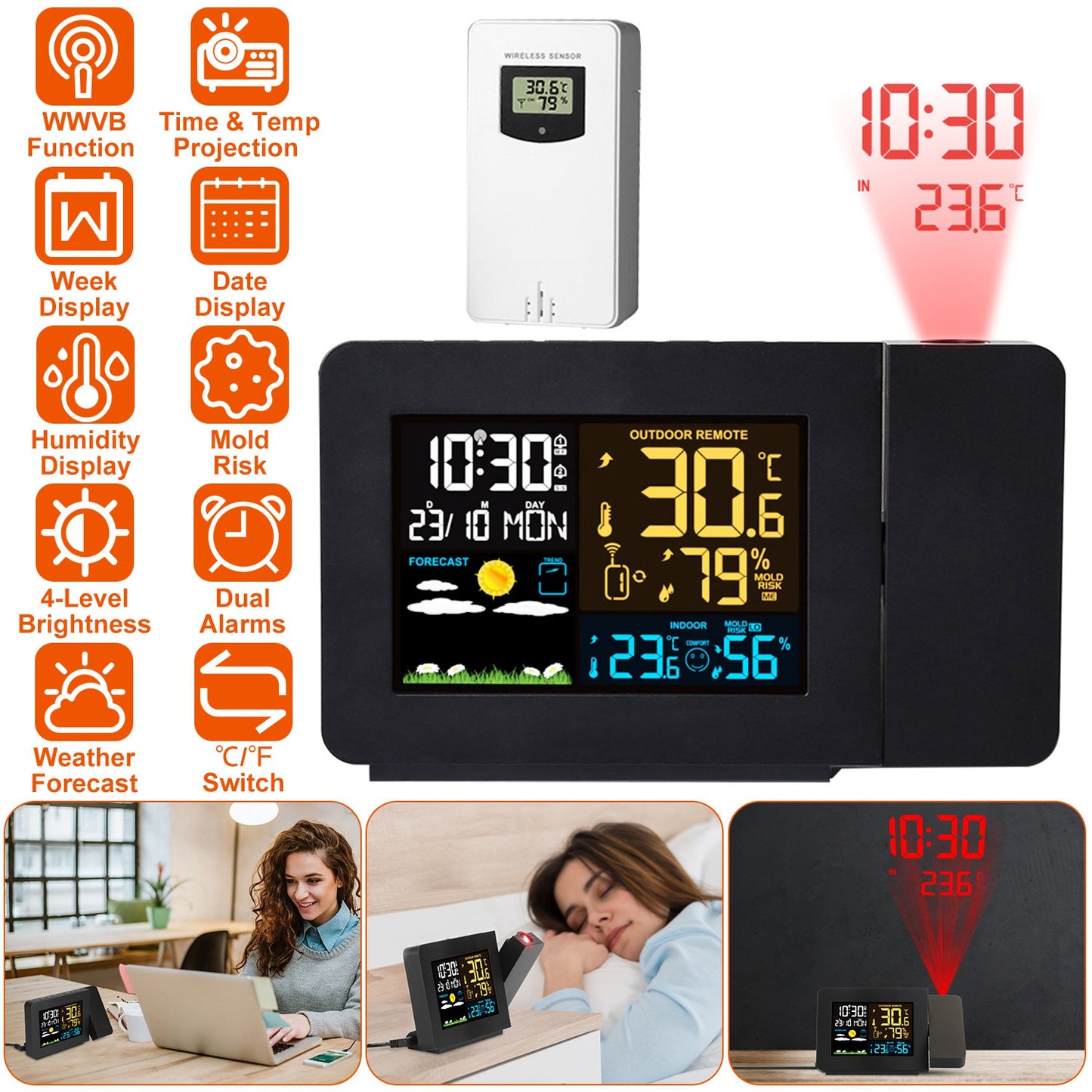 Atomic Projection Alarm Clock Radio Control Clock with WWVB Function Weather Station Dual AlarmsÊSnooze Outdoor Wireless Temperature Humidity Sensor
