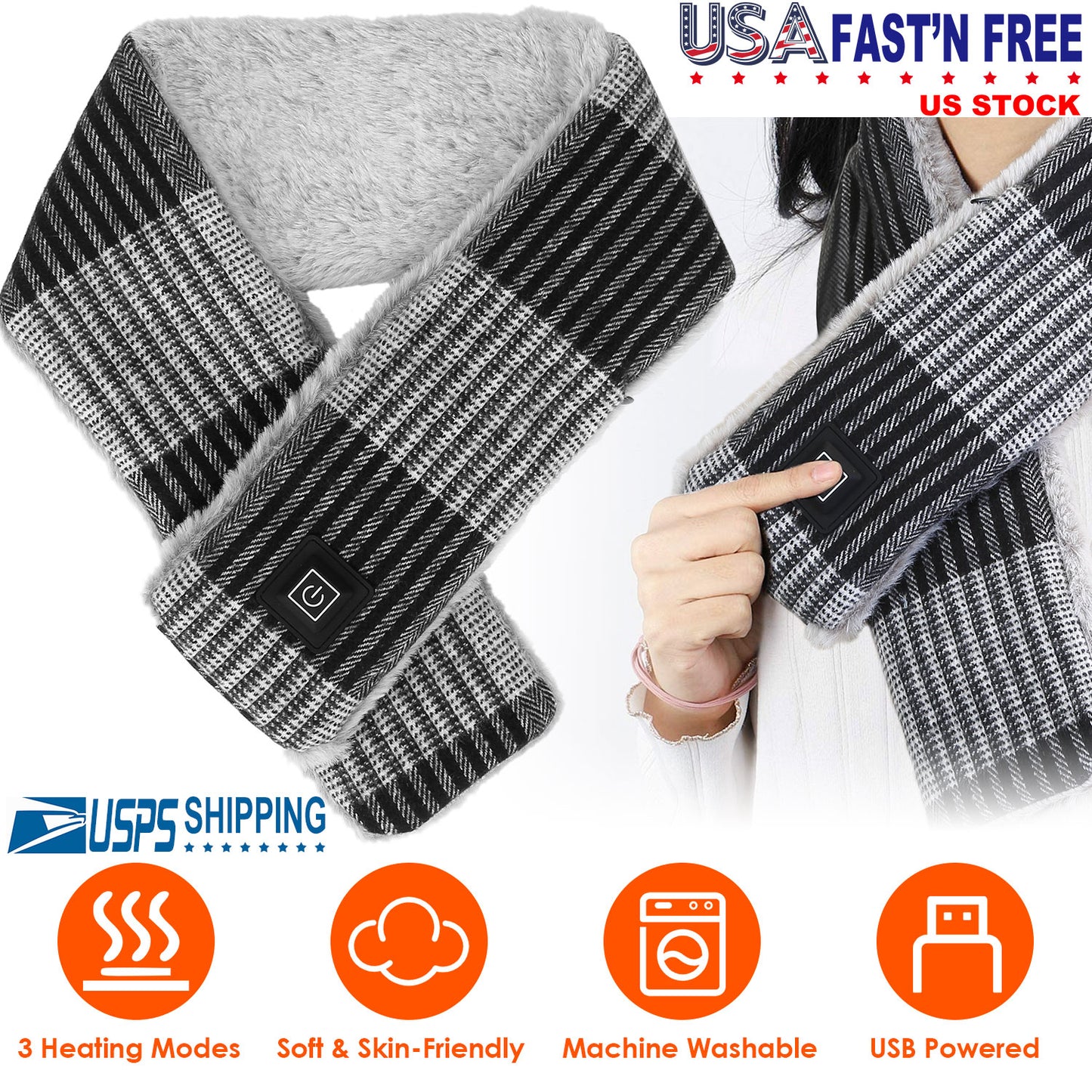 Electric Heated Scarf USB Heating Neck Wrap Unisex Winter Heated Neck Shawl Soft Warm Scarves w/ 3 Heating Modes