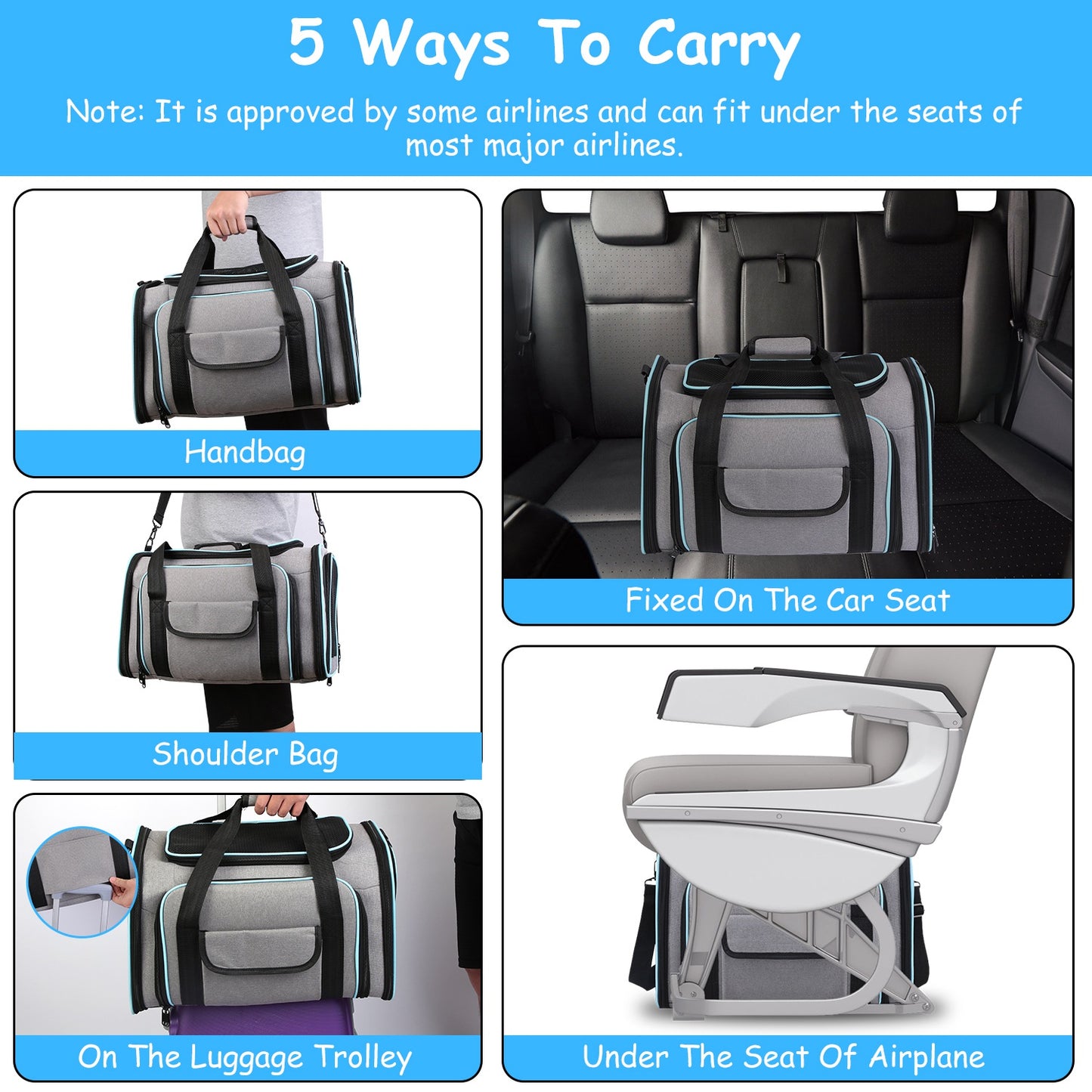 Expandable Pet Carrier Airline Approved Cat Dog Carrier Cat Collapsible Soft CarrierÊBag with Removable Fleece Pad Pockets Breathable Mesh Adjustable